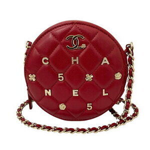 Chanel Matelasse Round Pochette Chain Shoulder Bag Lambskin Red Gold